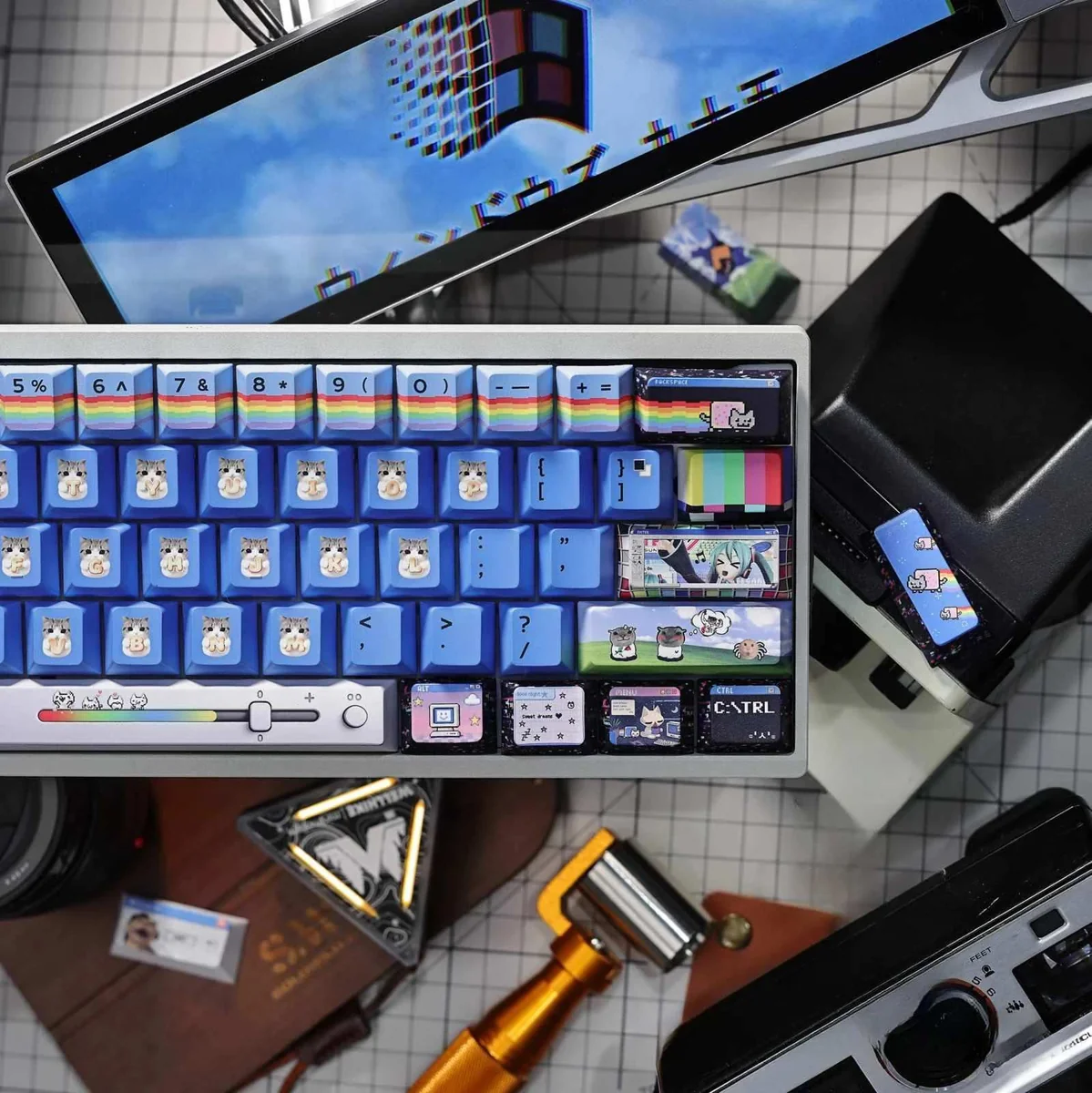 Windows XP Crazy Edition Keycap Set. A new perspective highlights distorted UI, vibrant retro tech nostalgia, and playful artistic style.