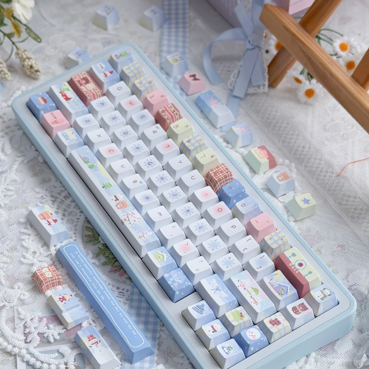 Detailed views of the Cozy Winter Bear PBT Dye-sub Keycap Set, showcasing playful bears and snowy scenes in muted tones from multiple angles.