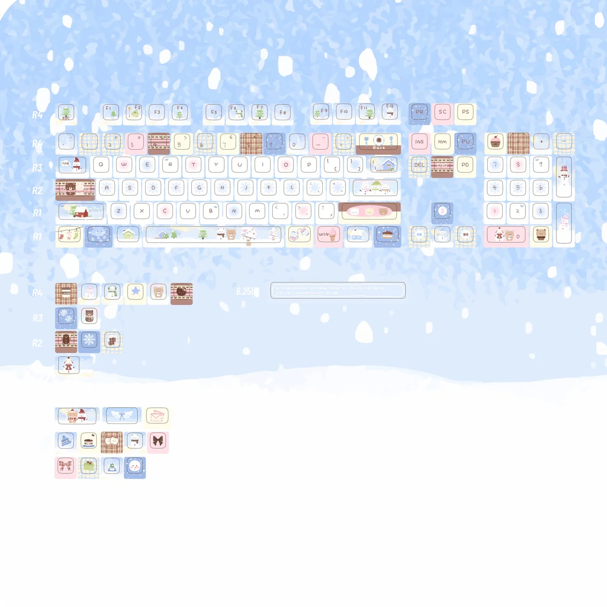 Cozy Winter Bear PBT Dye-sub Keycap Set. Playful bears in a charming snowy landscape, these Winter Bear Keycaps create a cozy aesthetic.