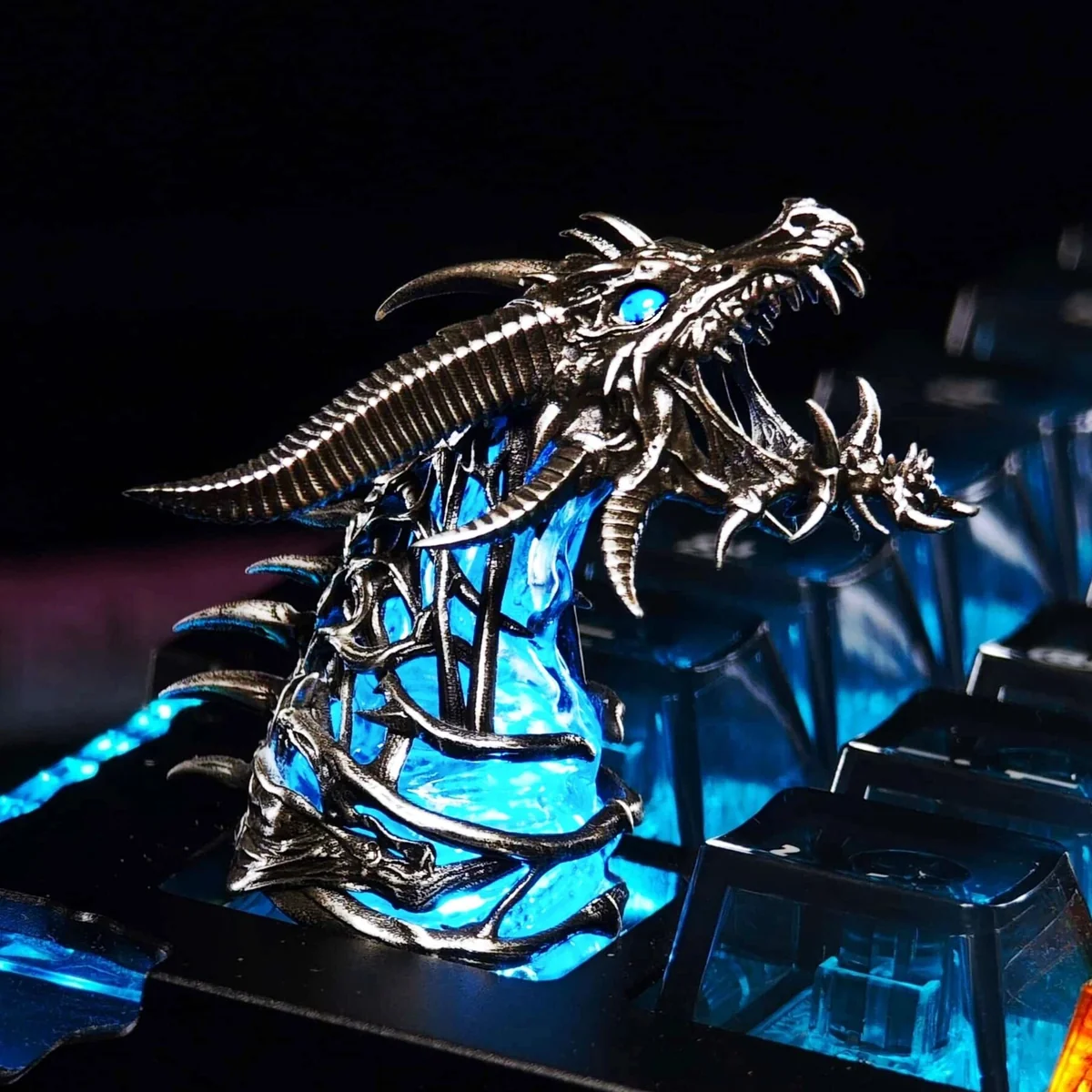 Product gallery showcasing the legendary WoW Sindragosa artisan keycap's intricate frost dragon design and icy blue aesthetic from multiple angles.