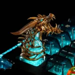 Legendary WoW Sindragosa artisan keycap, intricately sculpted frost dragon design with icy blue and white details, captured from a dynamic artistic.