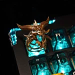 Artistic close-up of the legendary WoW Sindragosa artisan keycap, revealing its intricate frost dragon design in icy blue and white from a dynamic angle.