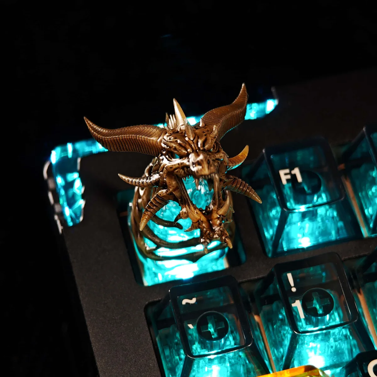 Artistic close-up of the legendary WoW Sindragosa artisan keycap, revealing its intricate frost dragon design in icy blue and white from a dynamic angle.
