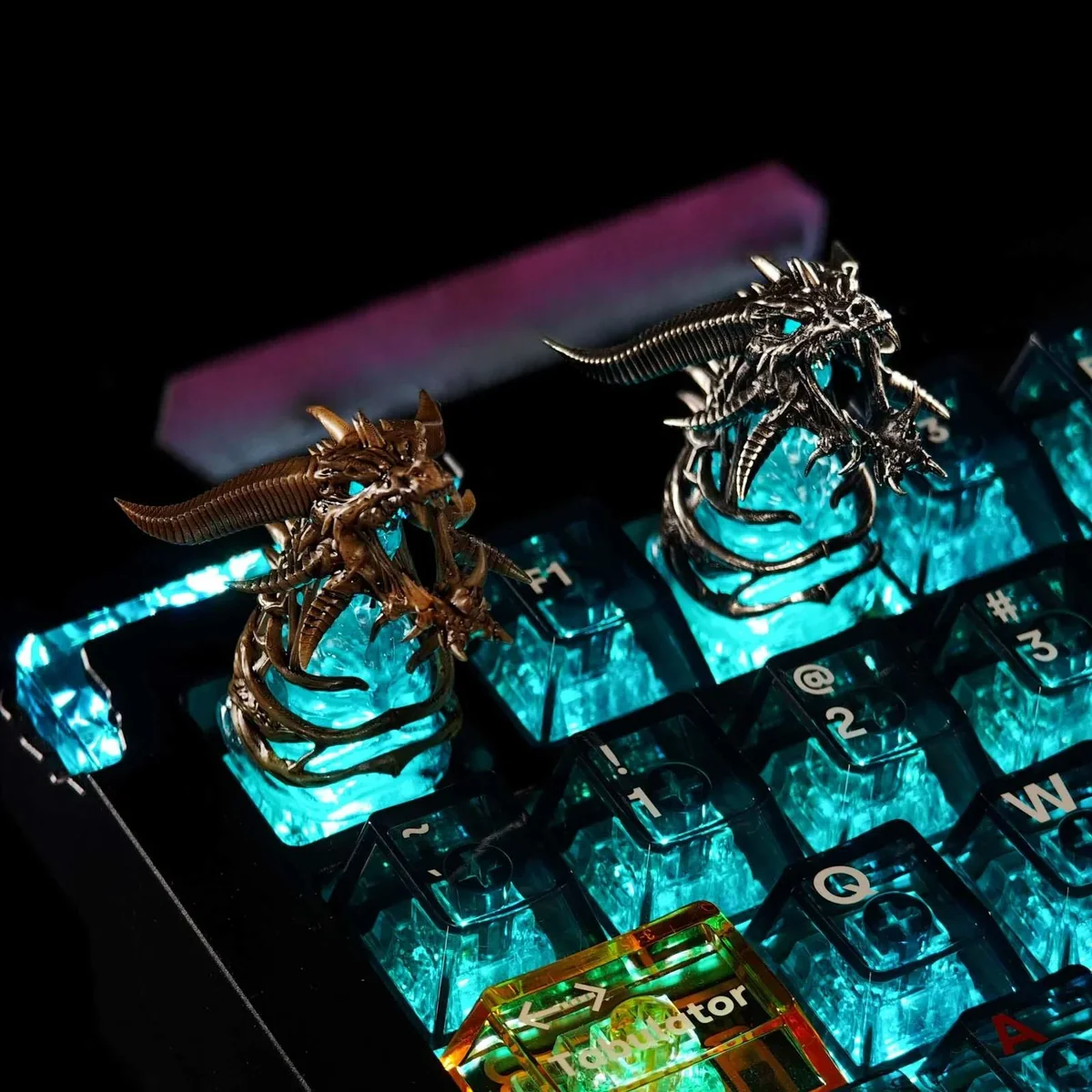 Legendary WoW Sindragosa artisan keycap, showcasing an intricate frost dragon design in icy blue and white, a masterpiece for gamers.