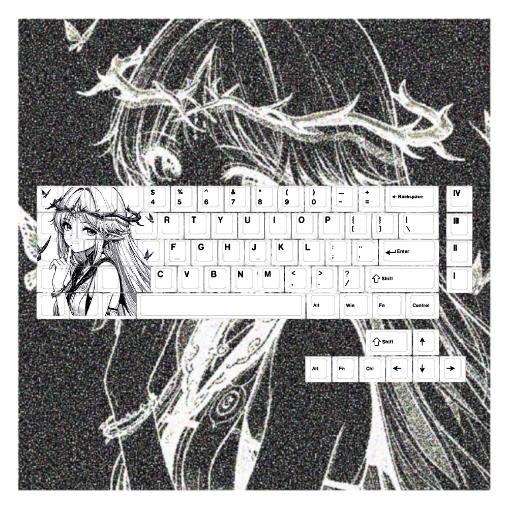 Official Wuthering Waves Cartethyia PBT dye-sub keycaps, showcasing vibrant sci-fi character legends from multiple artistic angles.