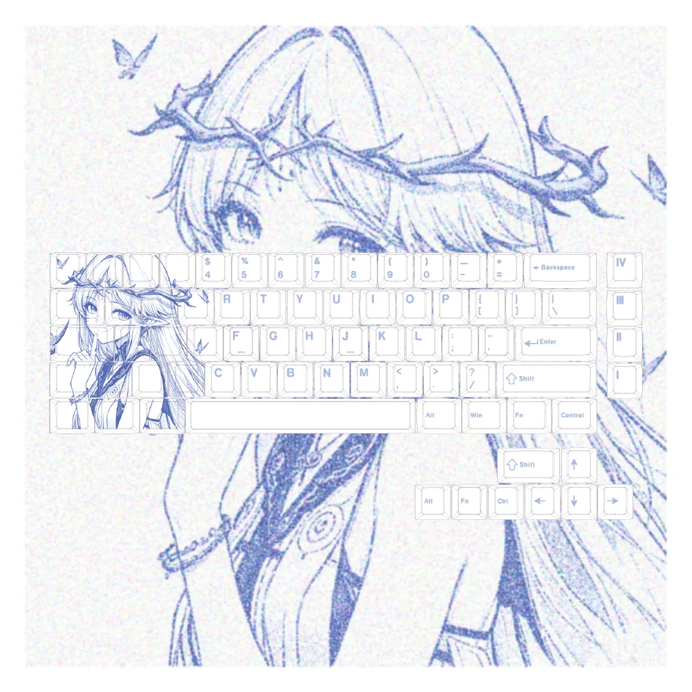 Official Wuthering Waves Cartethyia black PBT dye-sub 73-key set, front-engraved for 60-68% keyboards, showcasing vibrant sci-fi artistry.