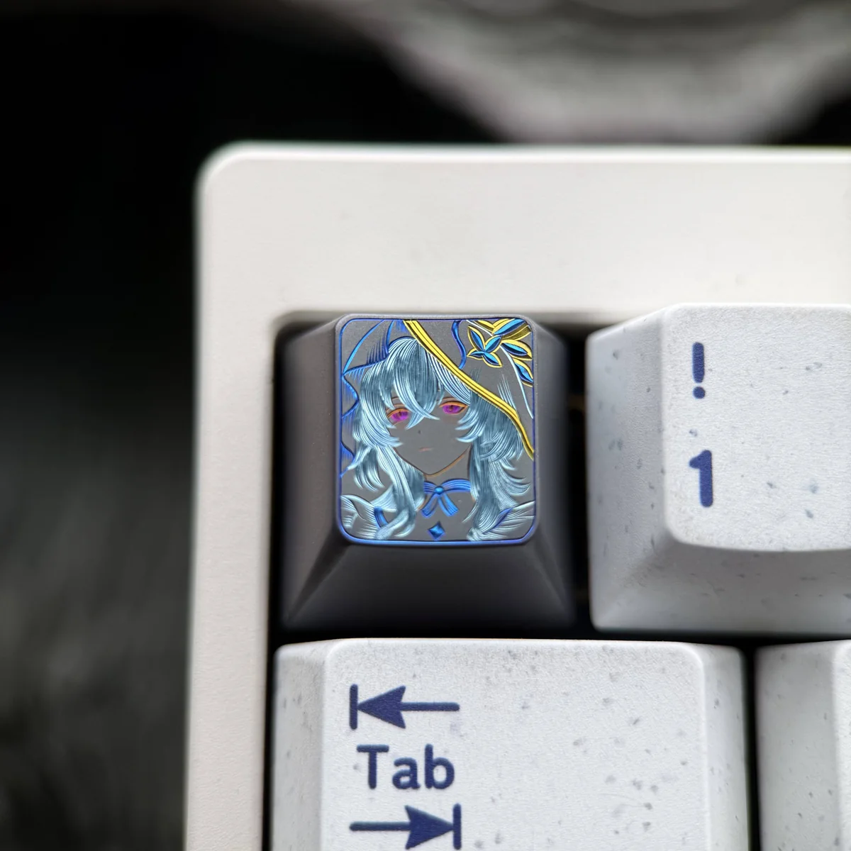 Main image of an exquisite hand-carved Wuthering Waves The Shorekeeper titanium ESC keycap, highlighting its intricate details and premium metallic.